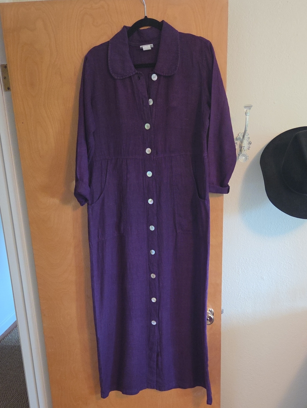 Women's Purple Button-Front Long/ Midi Dress Linen